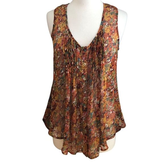 American Rag Cie Orange Red Floral Pleated Cami Tank Top - Picture 1 of 10